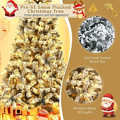 Pre-lit Premium Snow Flocked Hinged Artificial Christmas Tree-7.5 Ft