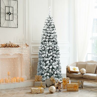 6 Feet Unlit Hinged Snow Flocked Artificial Pencil Christmas Tree With 500 Branch Tip