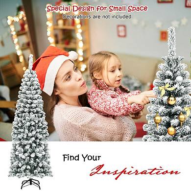 6 Feet Unlit Hinged Snow Flocked Artificial Pencil Christmas Tree With 500 Branch Tip