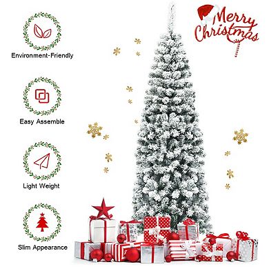 6 Feet Unlit Hinged Snow Flocked Artificial Pencil Christmas Tree With 500 Branch Tip