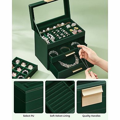 Jewelry Box With Glass Lid, 4-layer Jewelry Organizer, 3 Drawers, For Sunglasses, Big Jewelry