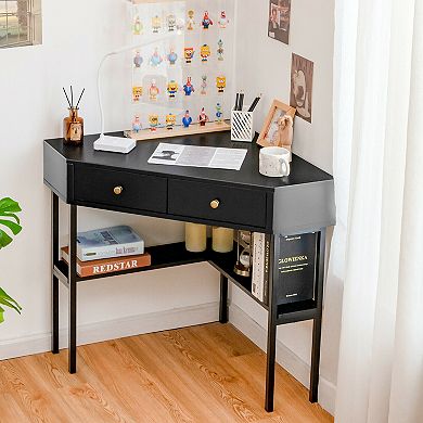 Space Saving Corner Computer Desk With 2 Large Drawers And Storage Shelf