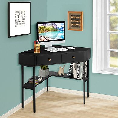 Space Saving Corner Computer Desk With 2 Large Drawers And Storage Shelf