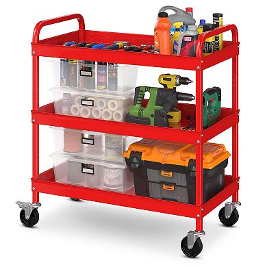 3-tier Metal Utility Cart With Lockable Casters And Handles-red