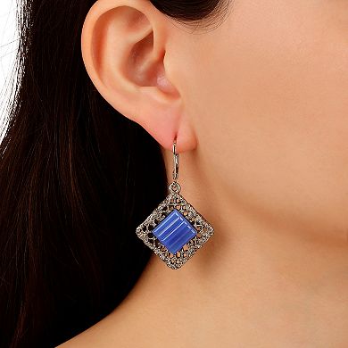 1928 Pewter Blue Glass Stone Leverback Earrings