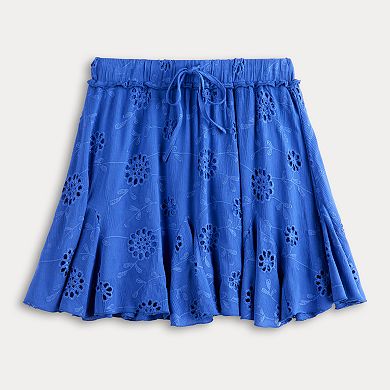 Juniors' Rewind Floral Eyelet Tie Waist Godet Mini Skirt