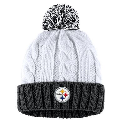 Women's WEAR by Erin Andrews White Pittsburgh Steelers Cable Stripe Cuffed Knit Hat with Pom and Scarf Set