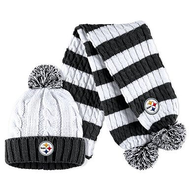 Women's WEAR by Erin Andrews White Pittsburgh Steelers Cable Stripe Cuffed Knit Hat with Pom and Scarf Set