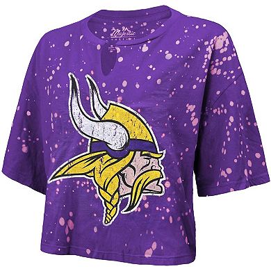 Women's Majestic Threads Purple Minnesota Vikings Bleach Splatter Notch Neck Crop T-Shirt