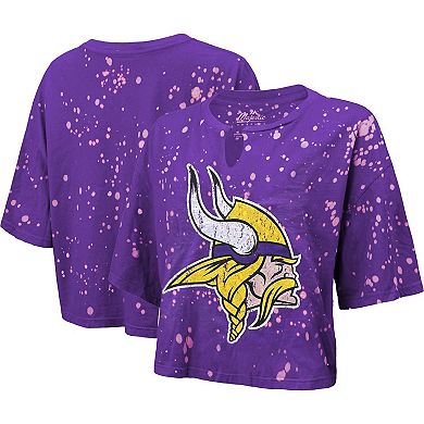 Women's Majestic Threads Purple Minnesota Vikings Bleach Splatter Notch Neck Crop T-Shirt