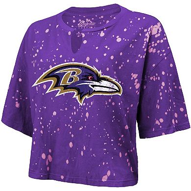 Women's Majestic Threads Purple Baltimore Ravens Bleach Splatter Notch Neck Crop T-Shirt