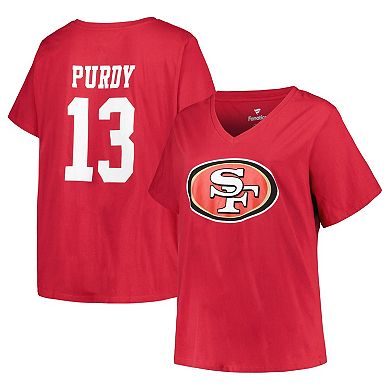 Women's Brock Purdy Scarlet San Francisco 49ers Plus Size Fair Catch Name & Number V-Neck T-Shirt