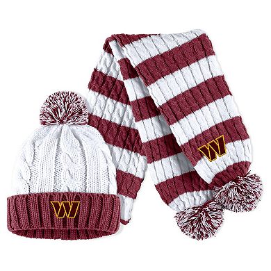 Women's WEAR by Erin Andrews White Washington Commanders Cable Stripe Cuffed Knit Hat with Pom and Scarf Set