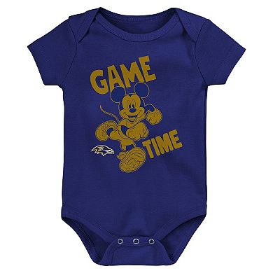 Newborn & Infant Purple/Black/Gray Baltimore Ravens Three-Piece Disney Game Time Bodysuit Set