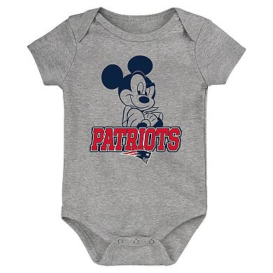 Newborn & Infant Navy/Red/Gray New England Patriots Three-Piece Disney Game Time Bodysuit Set