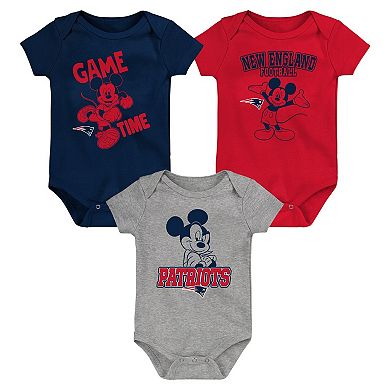 Newborn & Infant Navy/Red/Gray New England Patriots Three-Piece Disney Game Time Bodysuit Set