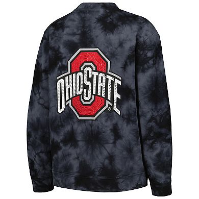 Women's The Wild Collective Black Ohio State Buckeyes Jeweled Tie-Dye Button-Up V-Neck Sweater
