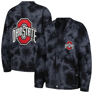 Women's The Wild Collective Black Ohio State Buckeyes Jeweled Tie-Dye Button-Up V-Neck Sweater
