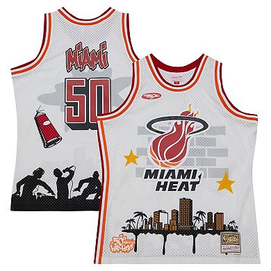 Men's Mitchell & Ness x Tats Cru White Miami Heat Hardwood Classics Fashion Jersey