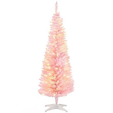 Homcom 5' Prelit Artificial Christmas Tree With Warm White Led Lights, Pink