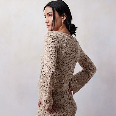 Petite LC Lauren Conrad Bell Sleeve Pointelle Pullover Sweatshirt