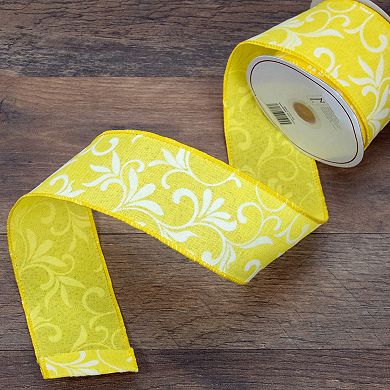 Yellow With White Floral Design Wired Craft Ribbon 2.5" X 10 Yards