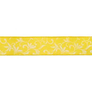Yellow With White Floral Design Wired Craft Ribbon 2.5" X 10 Yards