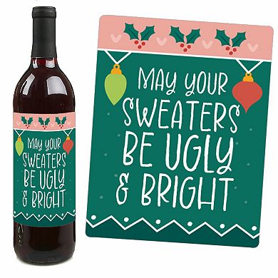 Big Dot of Happiness Colorful Christmas Sweaters - Wine Bottle Label Stickers - Set of 4