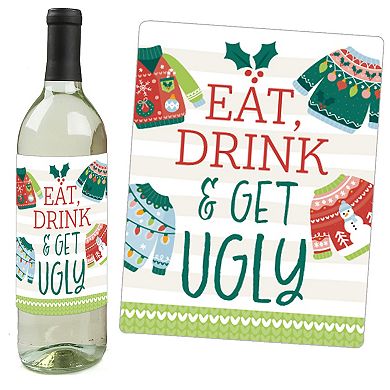 Big Dot of Happiness Colorful Christmas Sweaters - Wine Bottle Label Stickers - Set of 4