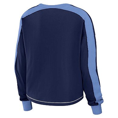 Women's WEAR by Erin Andrews Navy/Light Blue Tennessee Titans Color Block Modest Crop Long Sleeve T-Shirt