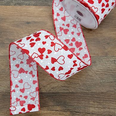 White And Red Glittered Hearts Valentine's Day Wired Craft Ribbon 2.5" X 10 Yards