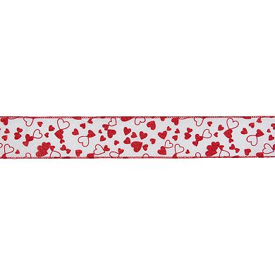 White And Red Glittered Hearts Valentine's Day Wired Craft Ribbon 2.5" X 10 Yards