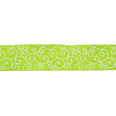 Green And White Swirl Wired Spring Craft Ribbon 2.5" X 10 Yards