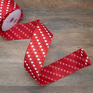 Red And White Diagonal Hearts Valentine's Day Wired Craft Ribbon 2.5" X 10 Yards