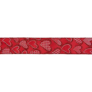 Red And White Glittered Hearts Valentine's Day Wired Craft Ribbon 2.5" X 10 Yards