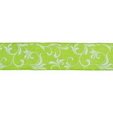 Green With White Floral Design Wired Craft Ribbon 2.5" X 10 Yards