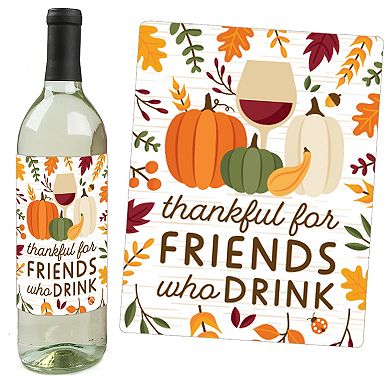 Big Dot of Happiness Fall Friends Thanksgiving - Friendsgiving Wine Bottle Label Stickers - Set of 4