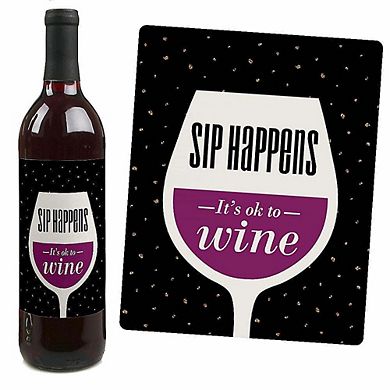 Big Dot Of Happiness Sip Happens - Funny Gift For Women - Wine Bottle Label Stickers - 4 Ct