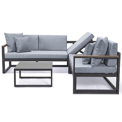 LeisureMod Chelsea Black Sectional With Adjustable Headrest & Coffee Table With Cushions