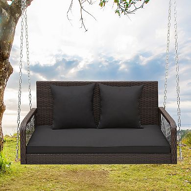 2-person Outdoor Wicker Porch Swing With Seat And Back Cushions