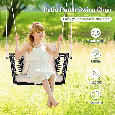 Single Person Hanging Seat With Woven Rattan Backrest For Backyard