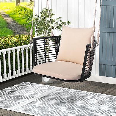 Single Person Hanging Seat With Woven Rattan Backrest For Backyard