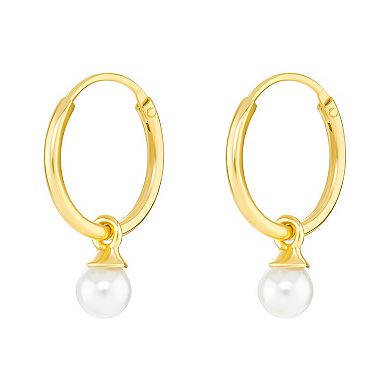 PRIMROSE 18k Gold Over Silver White Glass Pearl Drop Hoop Earrings