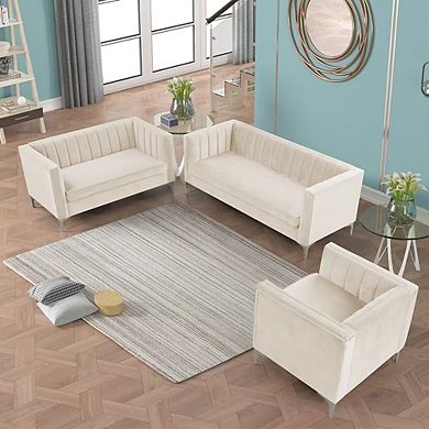 Morden Fort Velvet Channel 3-piece Sofa Sets Contemporary Upholstered Seating For Living Room