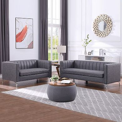 Morden Fort Living Room 2 Pieces Leather Sofa Set Loveseat And Sofa  Channel Backrest Simplicism