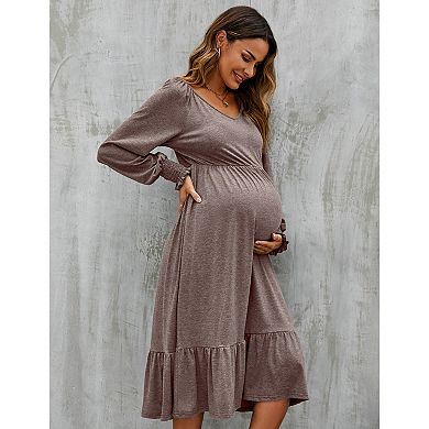 Women's Maternity Puff Long Sleeve Flowy Dress Pleated Flare With Smocked Cuffs Casual Midi Dress