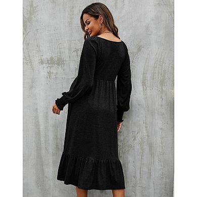 Women's Maternity Puff Long Sleeve Flowy Dress Pleated Flare With Smocked Cuffs Casual Midi Dress