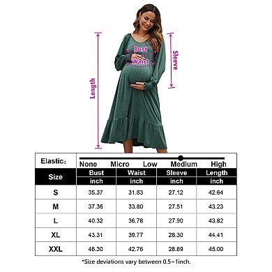 Women's Maternity Puff Long Sleeve Flowy Dress Pleated Flare With Smocked Cuffs Casual Midi Dress