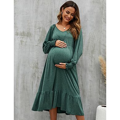 Women's Maternity Puff Long Sleeve Flowy Dress Pleated Flare With Smocked Cuffs Casual Midi Dress