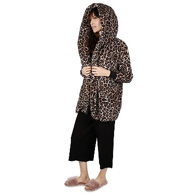 Women's Leopard Plush Hooded Cardigan